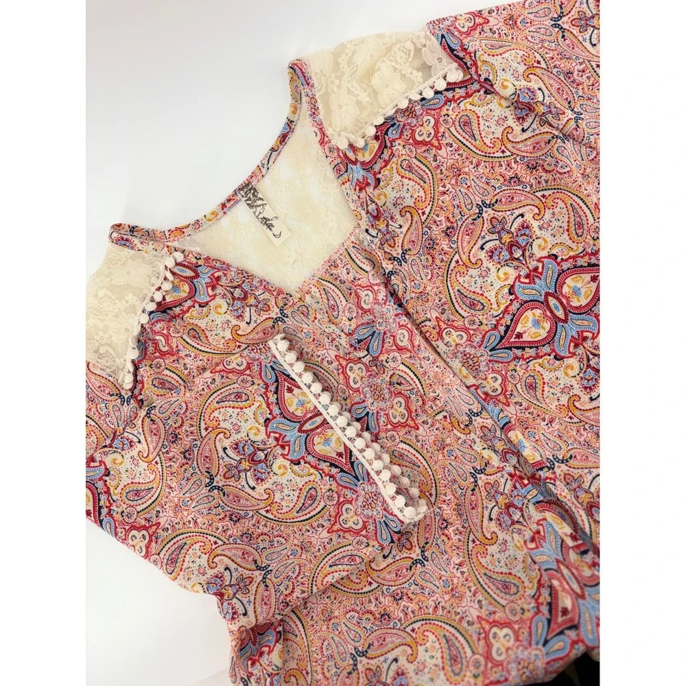 Bella D Womens Open Front Short Sleeve Kimono Cardigan Paisley Lace Trim ‎ XL